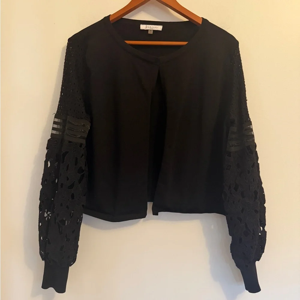 Sioni Women's Open Front Cardigan with Crochet/Sheer Puff Long Sleeves Size XL - Picture 3 of 16